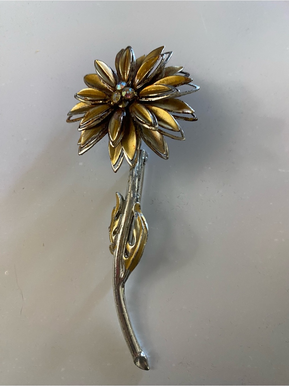 Gold & Silver Flower Brooch with Rhinestone Center